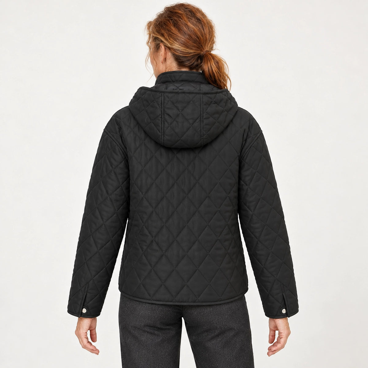 Loravienne Quilted Hooded Jacket — Black (apparel back)