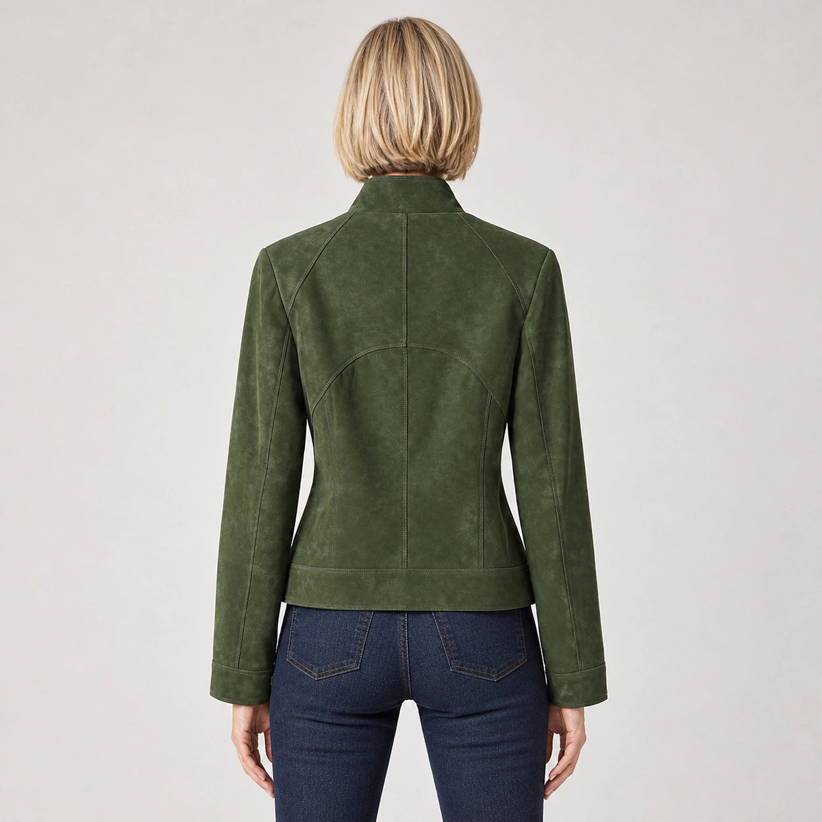 Belvara Sheepskin Leather Jacket — Olive (apparel back)