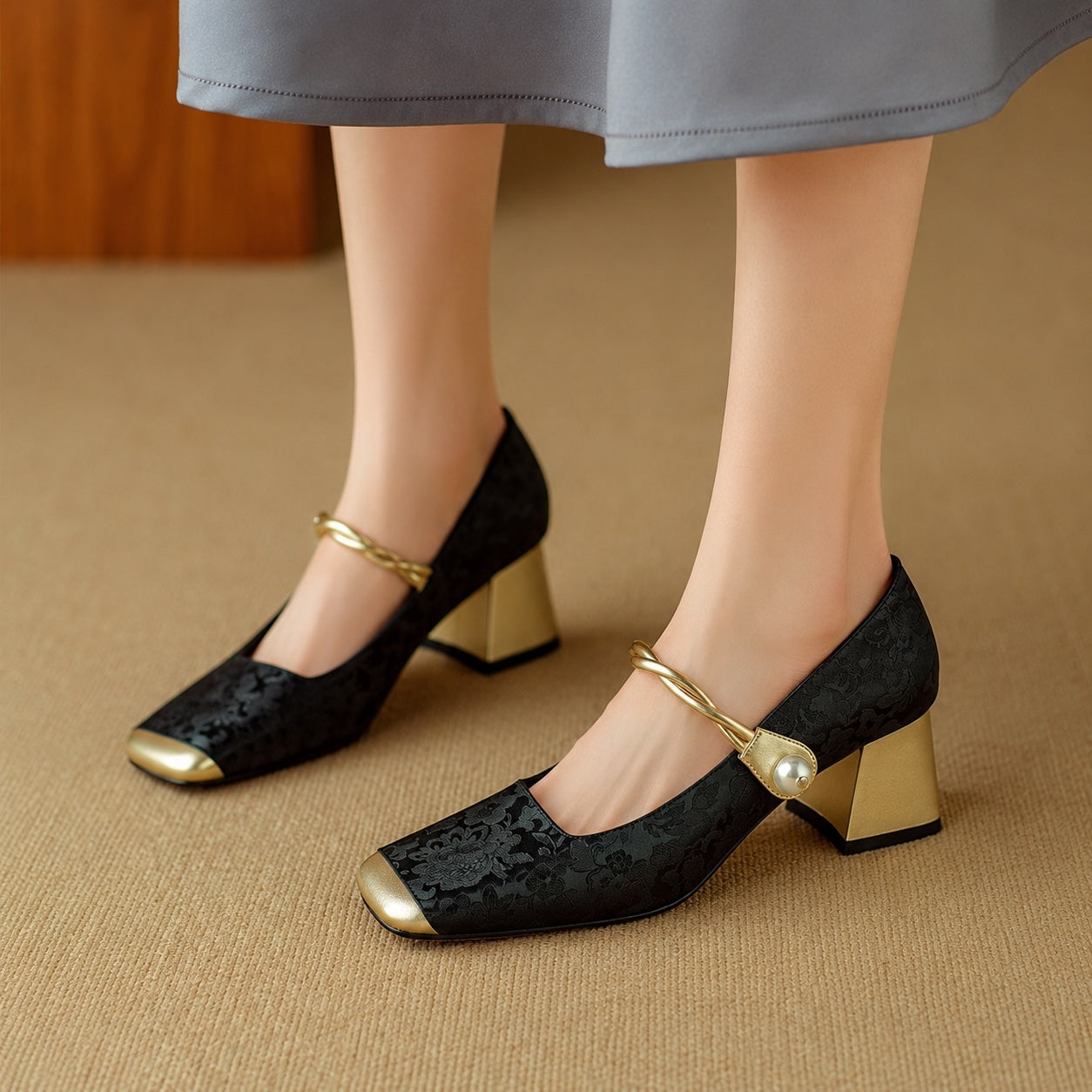 Chantilly Jacquard Block Heel Pumps