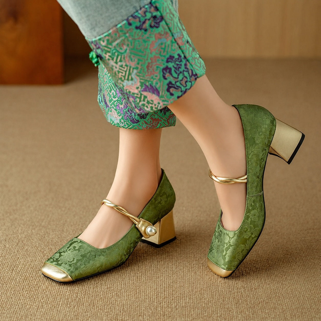 Chantilly Jacquard Block Heel Pumps