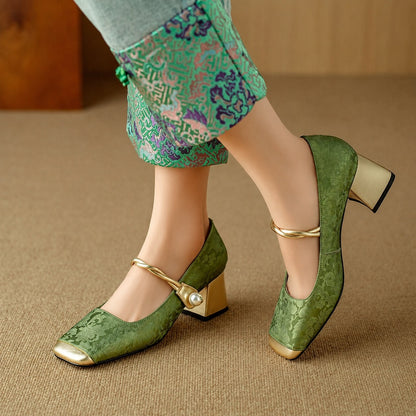Chantilly Jacquard Block Heel Pumps