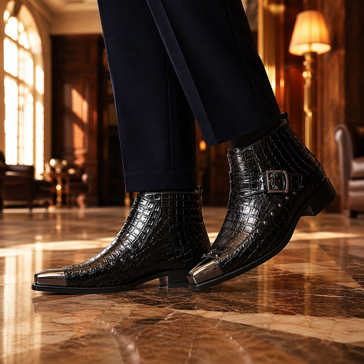 Gustano Leather Monk Strap Ankle Boots