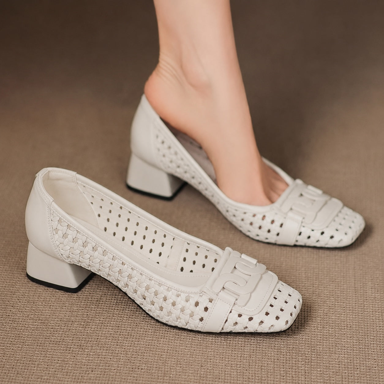 Tavori Woven Leather Block Heel Pumps