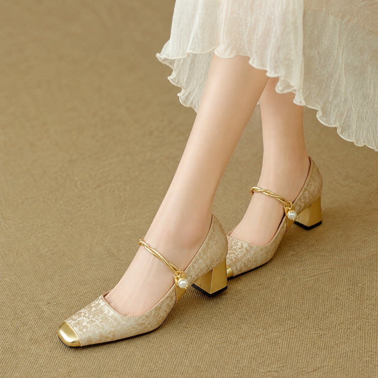 Chantilly Jacquard Block Heel Pumps