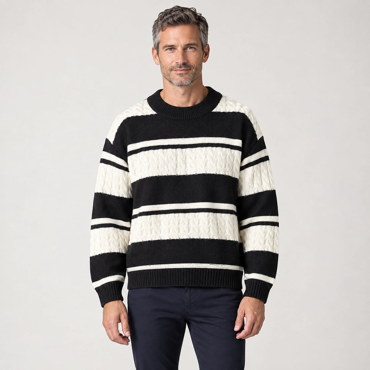 Byrne Cable-Knit Crewneck Sweater — 1175 Black (apparel front)
