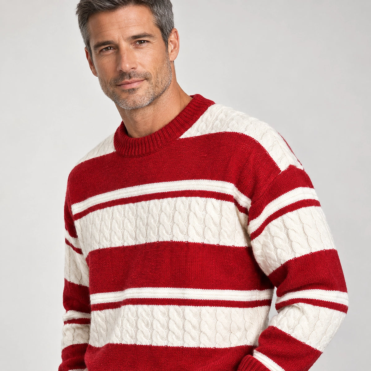 Byrne Cable-Knit Crewneck Sweater — 1175 Bright Red (apparel detail)