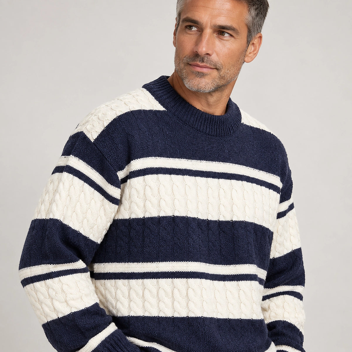 Byrne Cable-Knit Crewneck Sweater — 1175 Navy Blue (apparel detail)