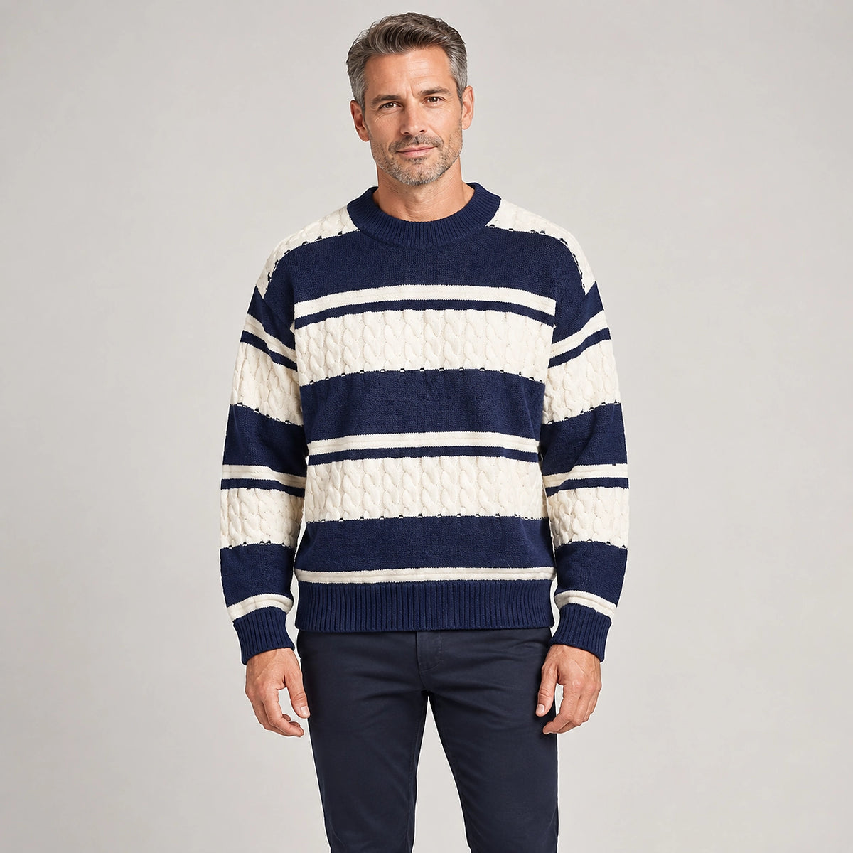 Byrne Cable-Knit Crewneck Sweater — 1175 Navy Blue (apparel front)