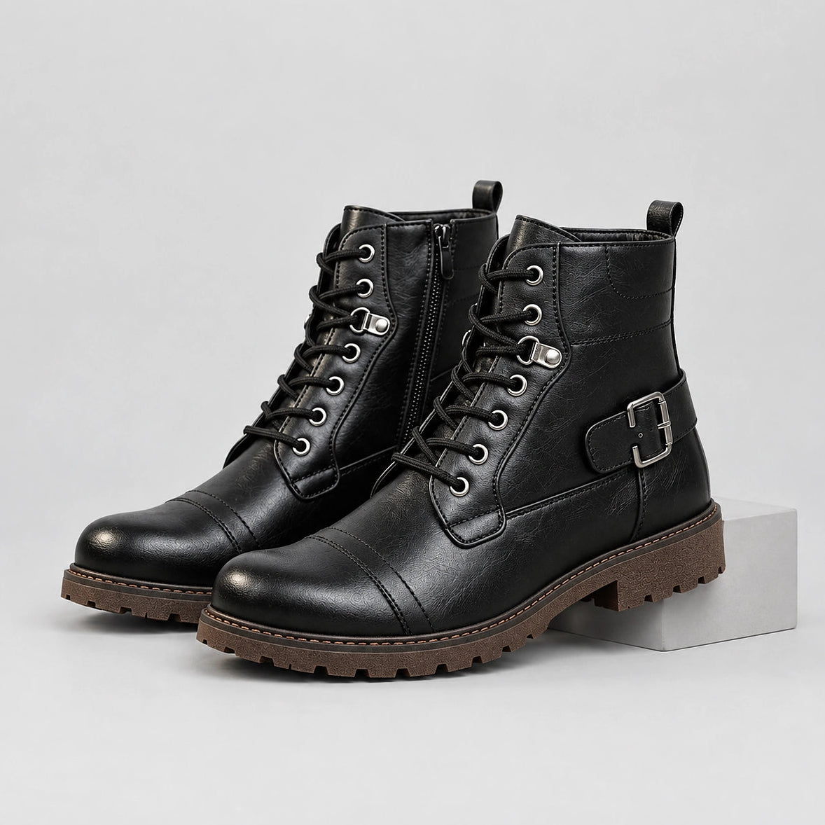 Dalworth Leather Combat Boots — 688 Black Models (mens shoe pedestal)