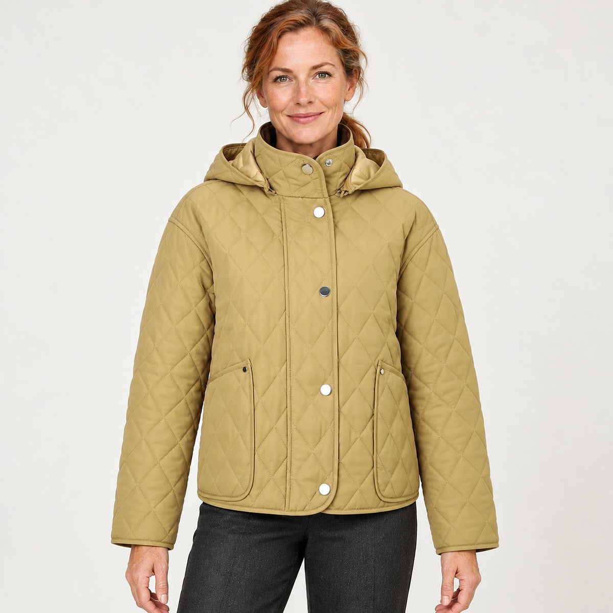 Loravienne Quilted Hooded Jacket — Beige (apparel detail)