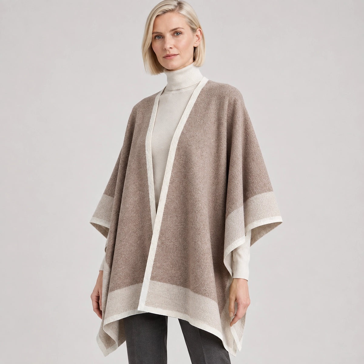 Halvera Merino Wool Poncho — Beige (apparel detail)