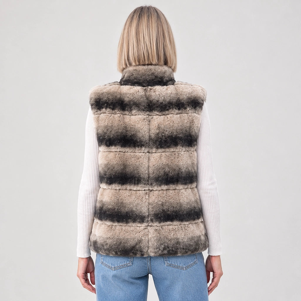 Belara Striped Faux Fur Vest — Beige & Black Stripe (apparel back)