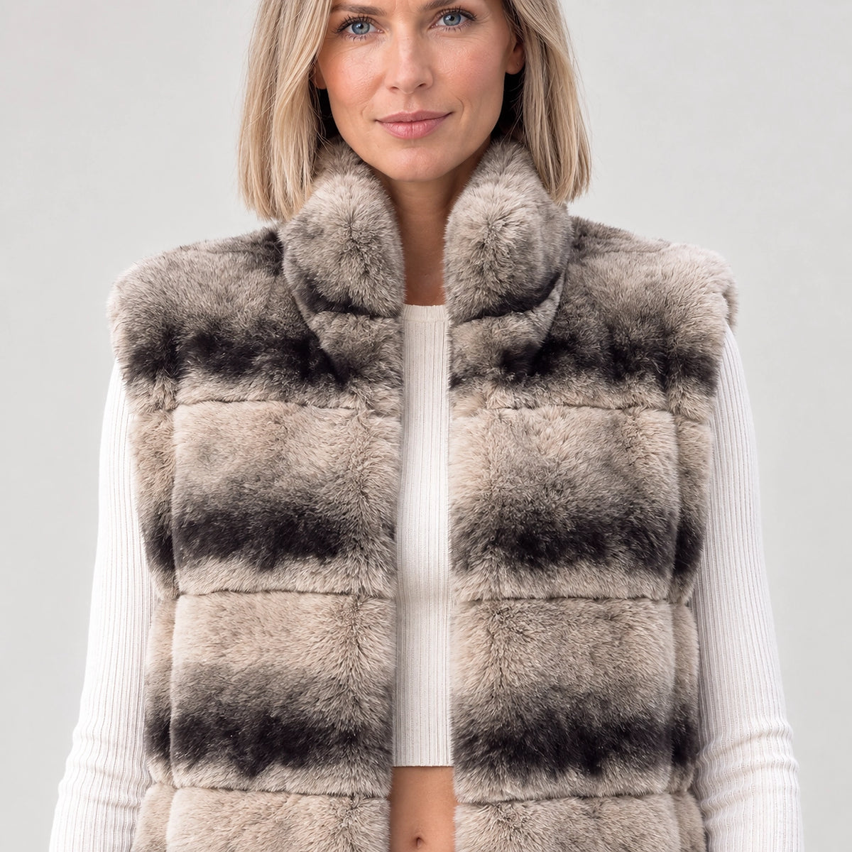 Belara Striped Faux Fur Vest — Beige & Black Stripe (apparel detail)