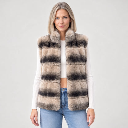 Belara Striped Faux Fur Vest — Beige & Black Stripe (apparel front)