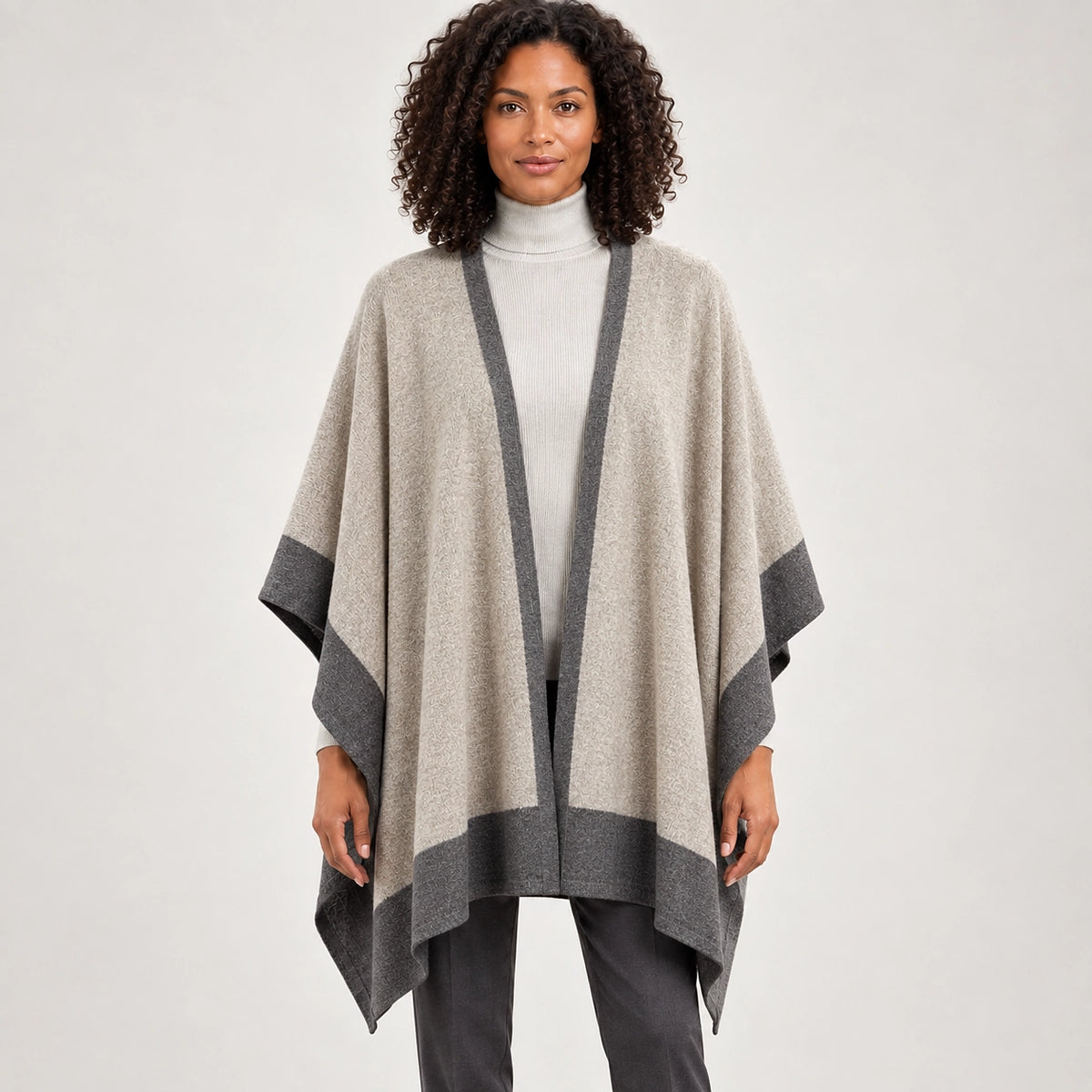Halvera Merino Wool Poncho — Beige & Charcoal (apparel detail)