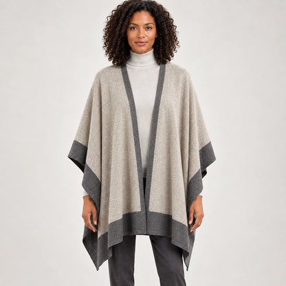 Halvera Merino Wool Poncho — Beige & Charcoal (apparel detail)