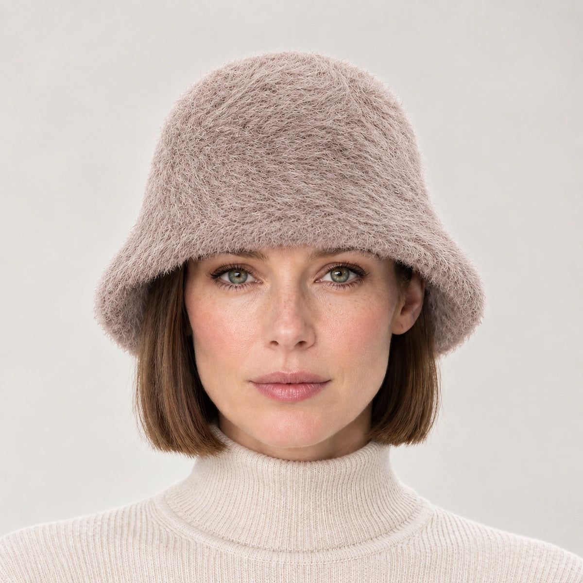 Beloria Rabbit Fur Bucket Hat — Beige (headwear model front)