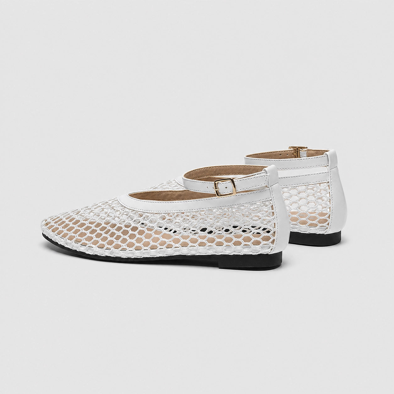 Calla Mesh Ankle Strap Flats — Beige Mesh (studio solo alt)