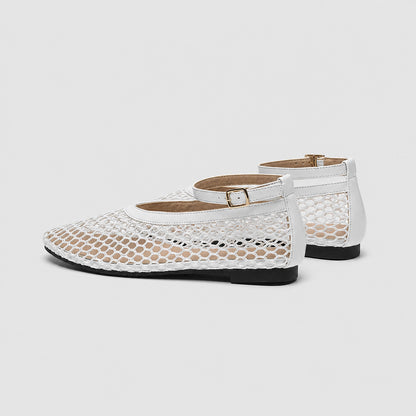 Calla Mesh Ankle Strap Flats — Beige Mesh (studio solo alt)