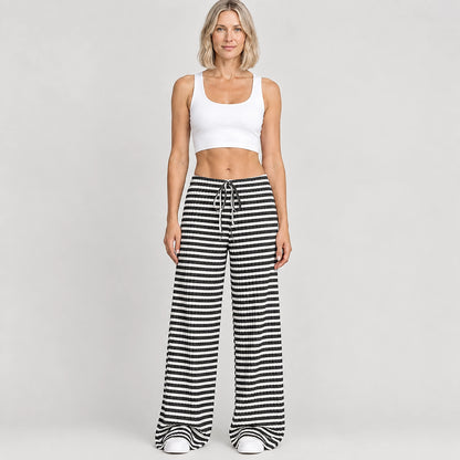 Delwyn Ribbed Drawstring Pants — Black And White Stripes (apparel front)