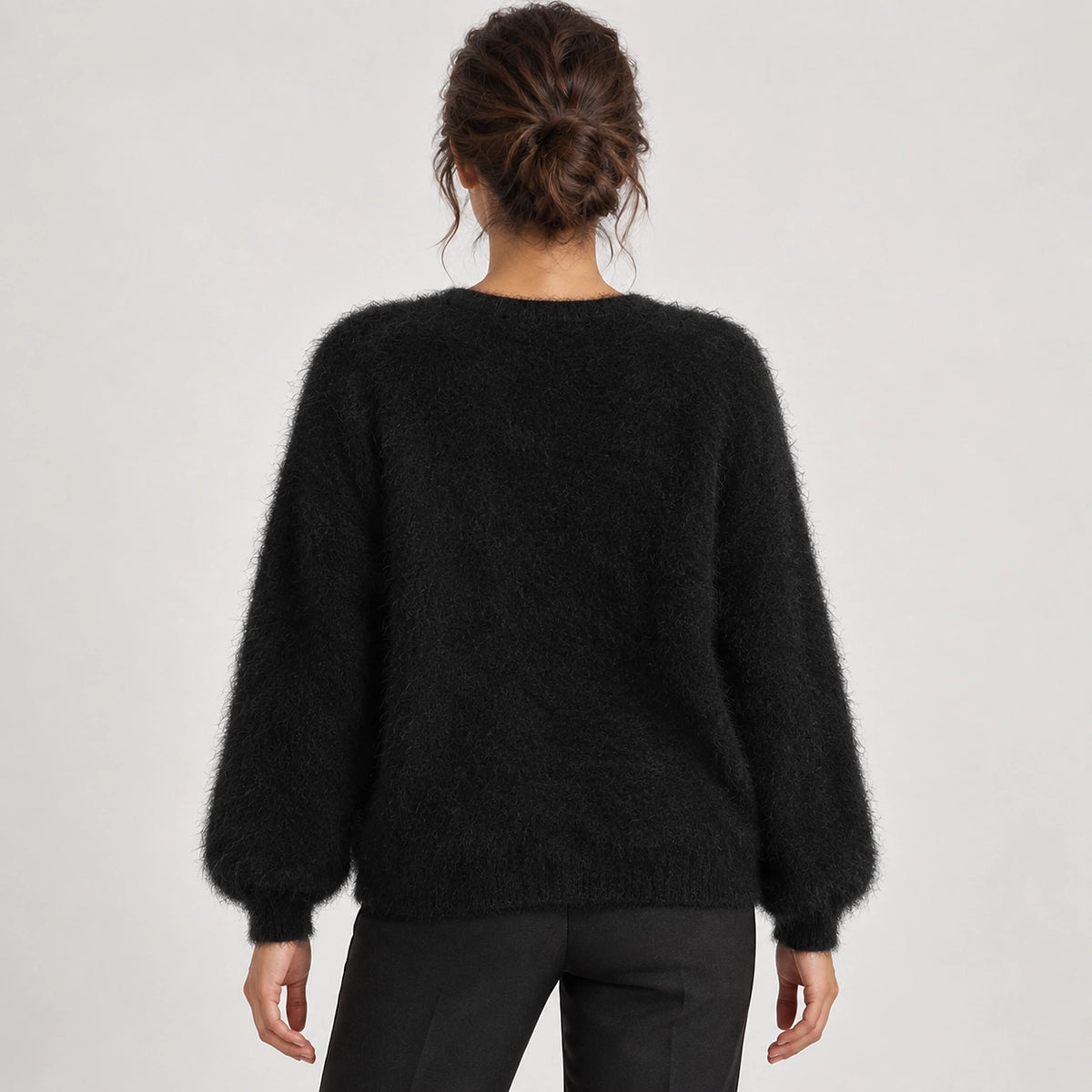 Halvern Fuzzy Knit Cardigan — Black (apparel back)