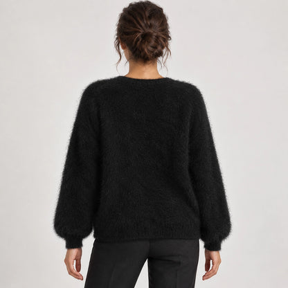 Halvern Fuzzy Knit Cardigan — Black (apparel back)