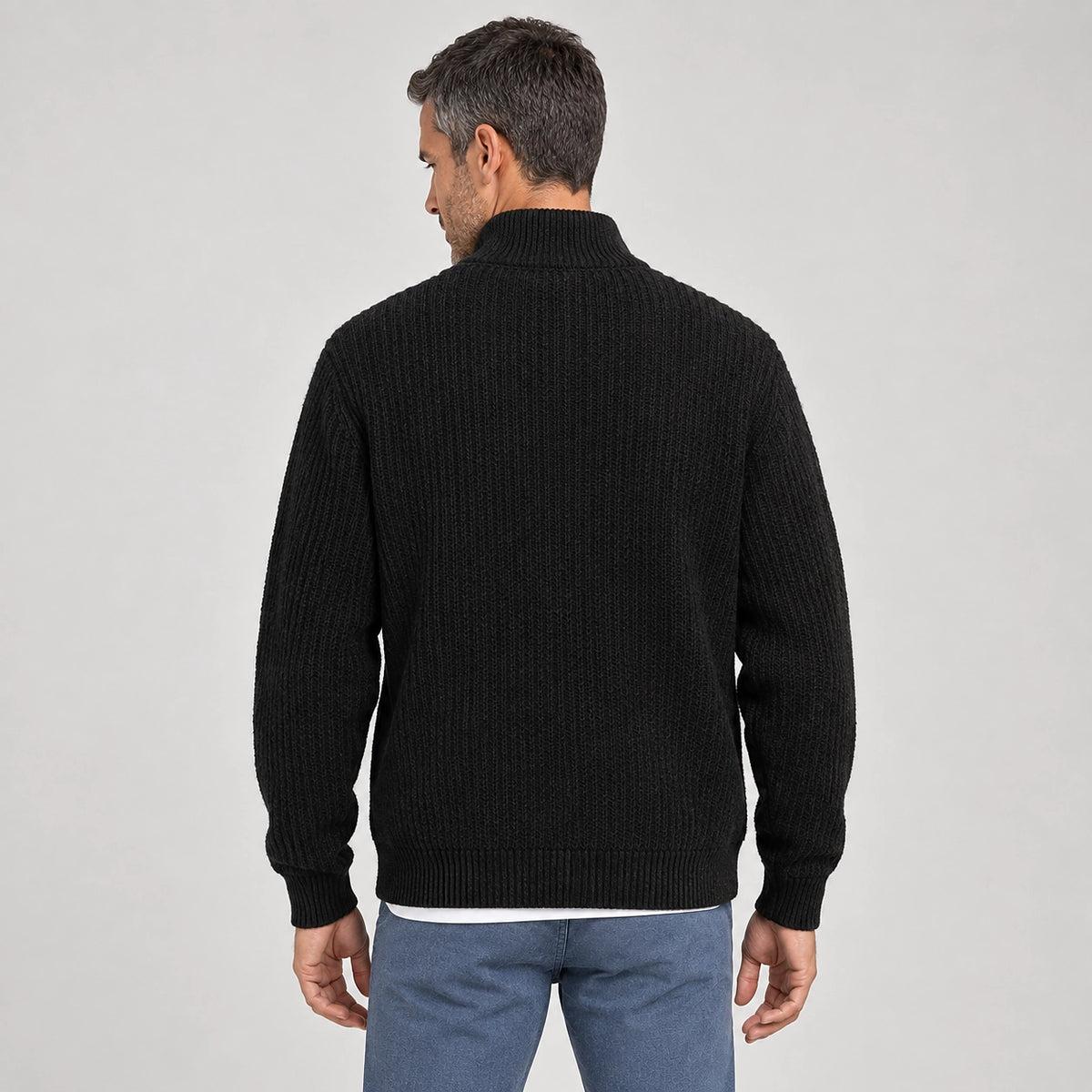Daxton Ribbed Knit Cardigan — Black (apparel back)