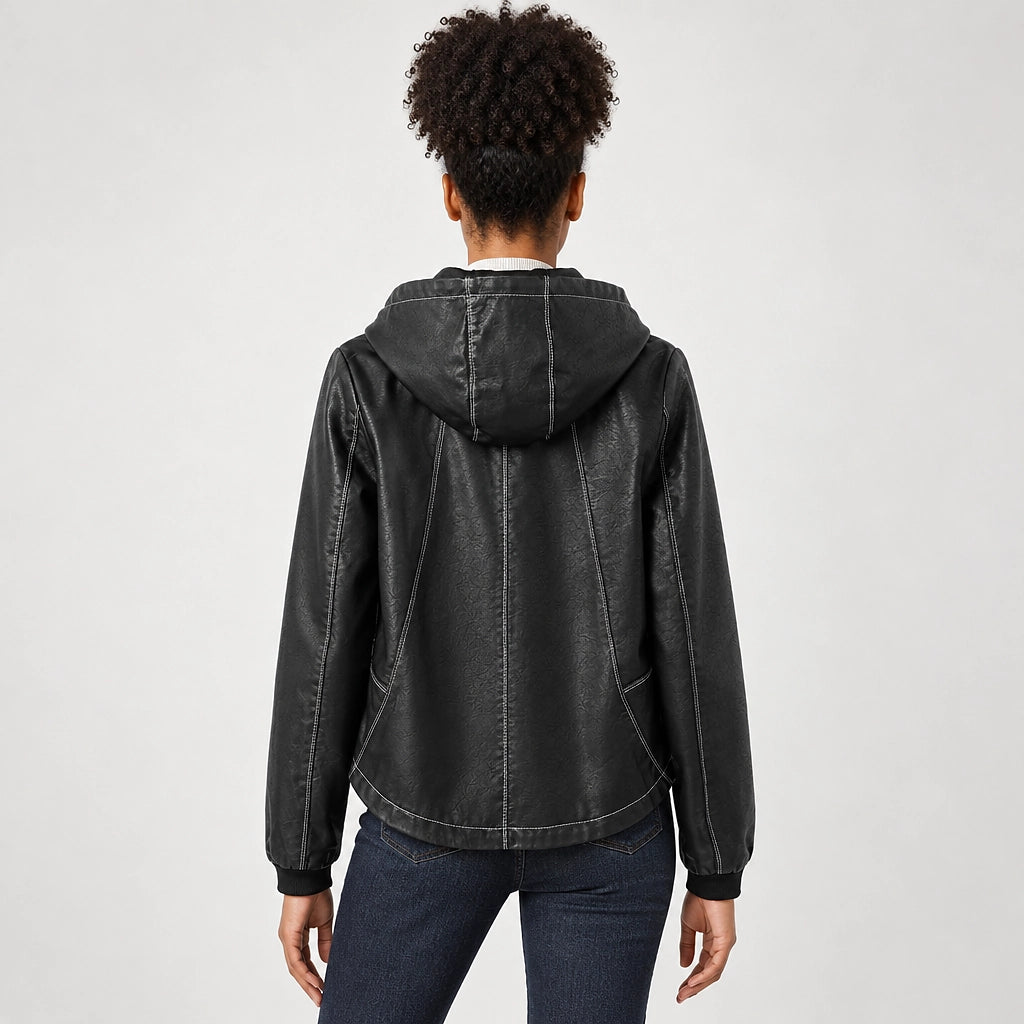 Brynn Leather Hooded Jacket — Black (apparel back)