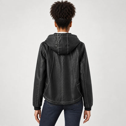 Brynn Leather Hooded Jacket — Black (apparel back)