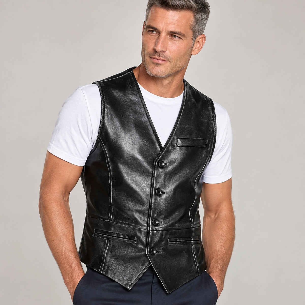 Darro Leather Vest — Black (apparel detail)