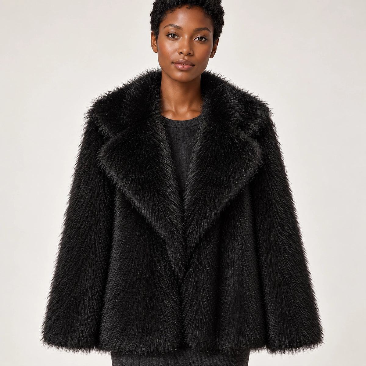 Neravessa Lapel Coat — Black (apparel detail)