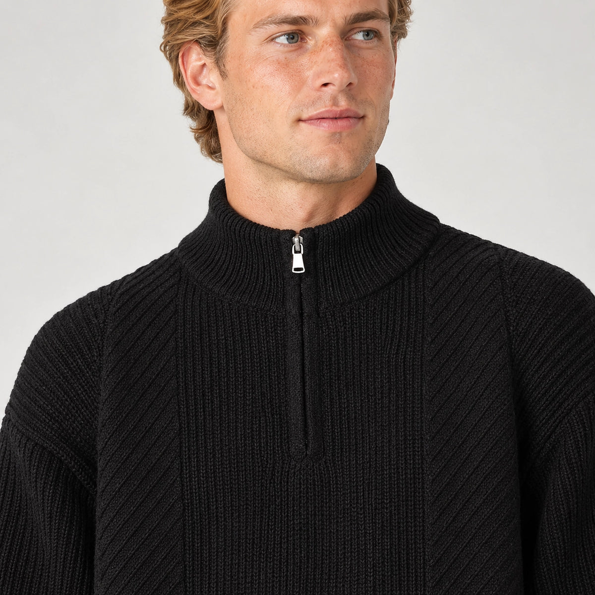Bruthen Ribbed Half-Zip Sweater — Black (apparel detail)