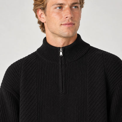 Bruthen Ribbed Half-Zip Sweater — Black (apparel detail)