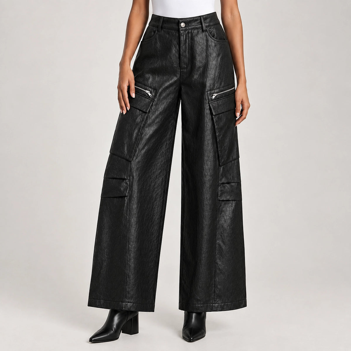 Brevel Leather Cargo Pants — Black (apparel detail)