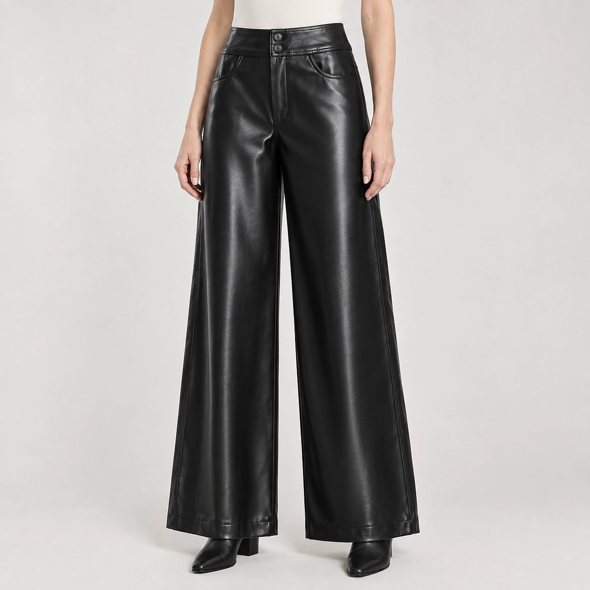 Helyos Leather Wide Leg Pants — Black (apparel detail)