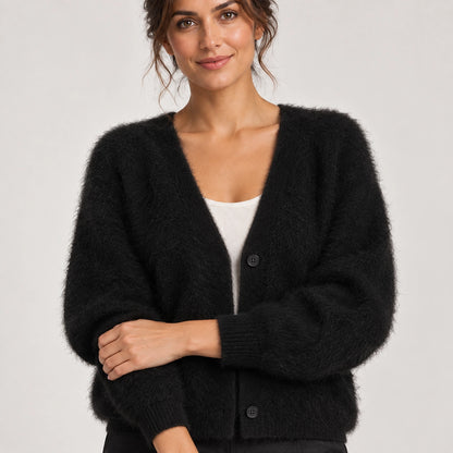 Halvern Fuzzy Knit Cardigan — Black (apparel detail)