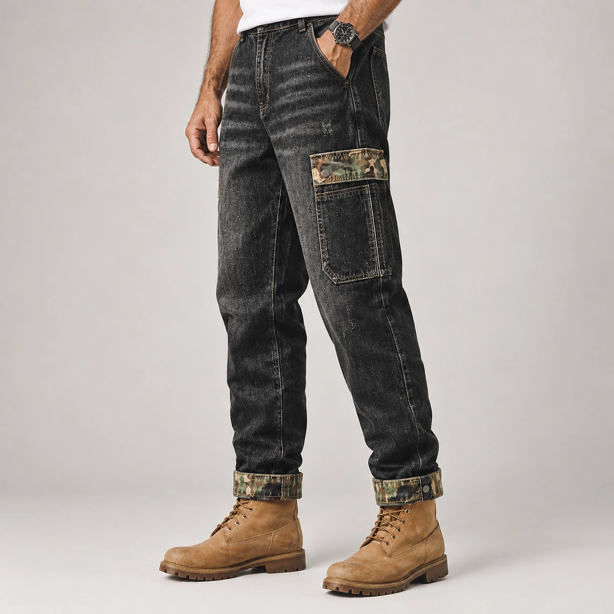 Breckon Cotton Cargo Jeans — Black (apparel detail)