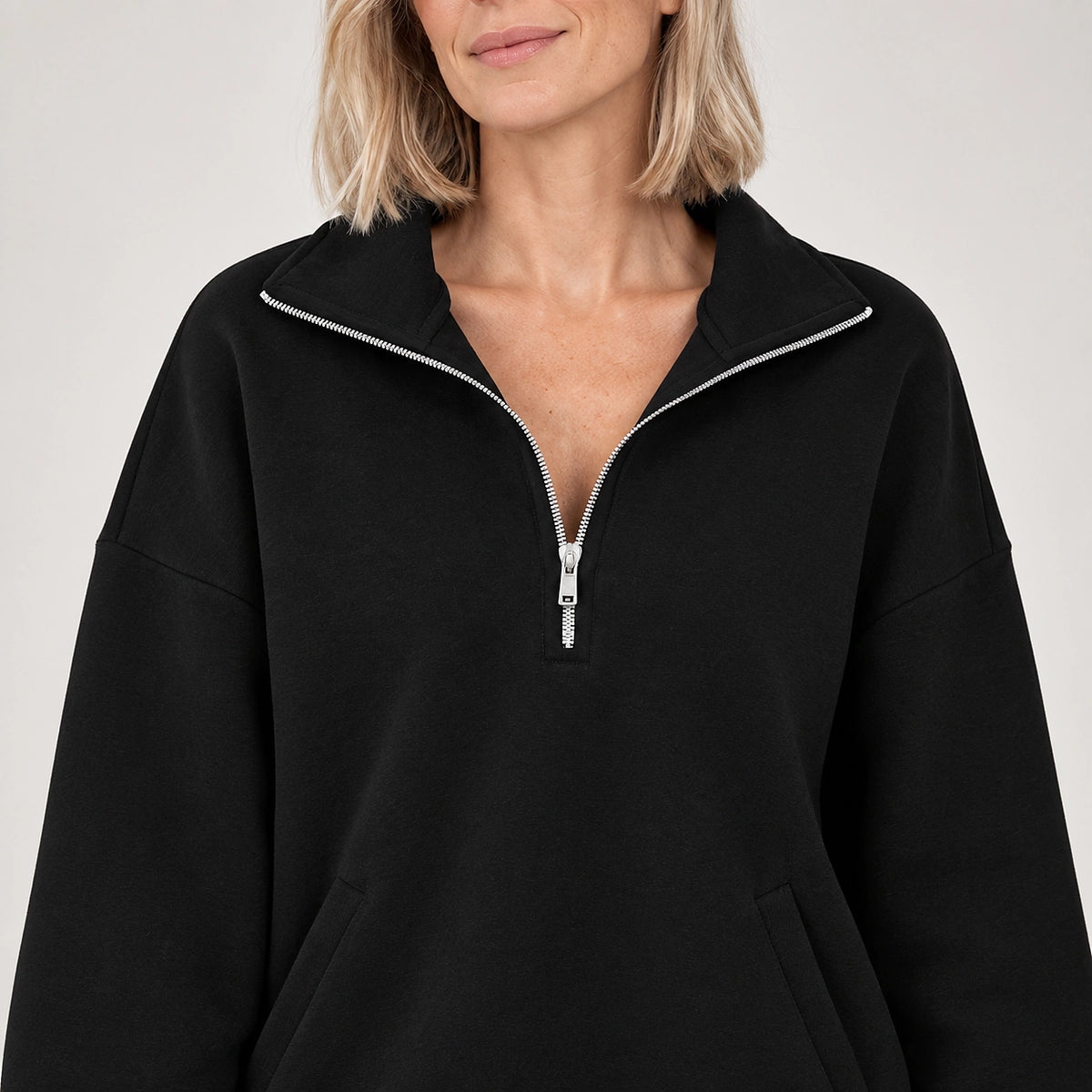 Delvra Quarter-Zip Sweatshirt — Black (apparel detail)
