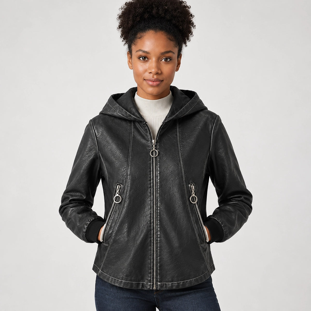 Brynn Leather Hooded Jacket — Black (apparel detail)