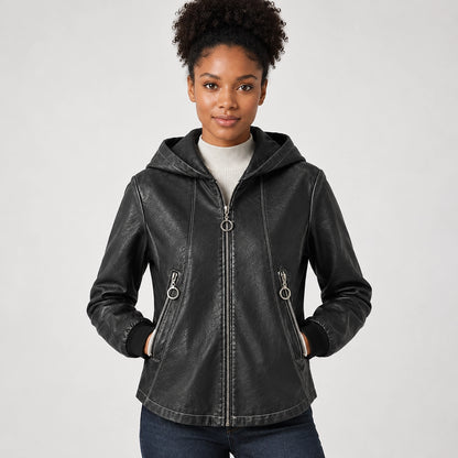Brynn Leather Hooded Jacket — Black (apparel detail)