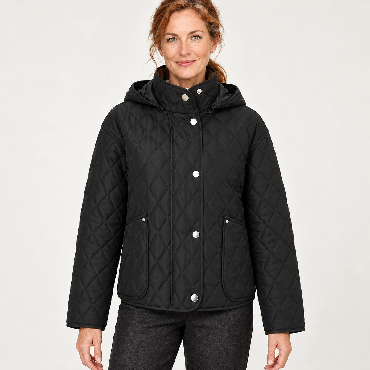 Loravienne Quilted Hooded Jacket — Black (apparel detail)
