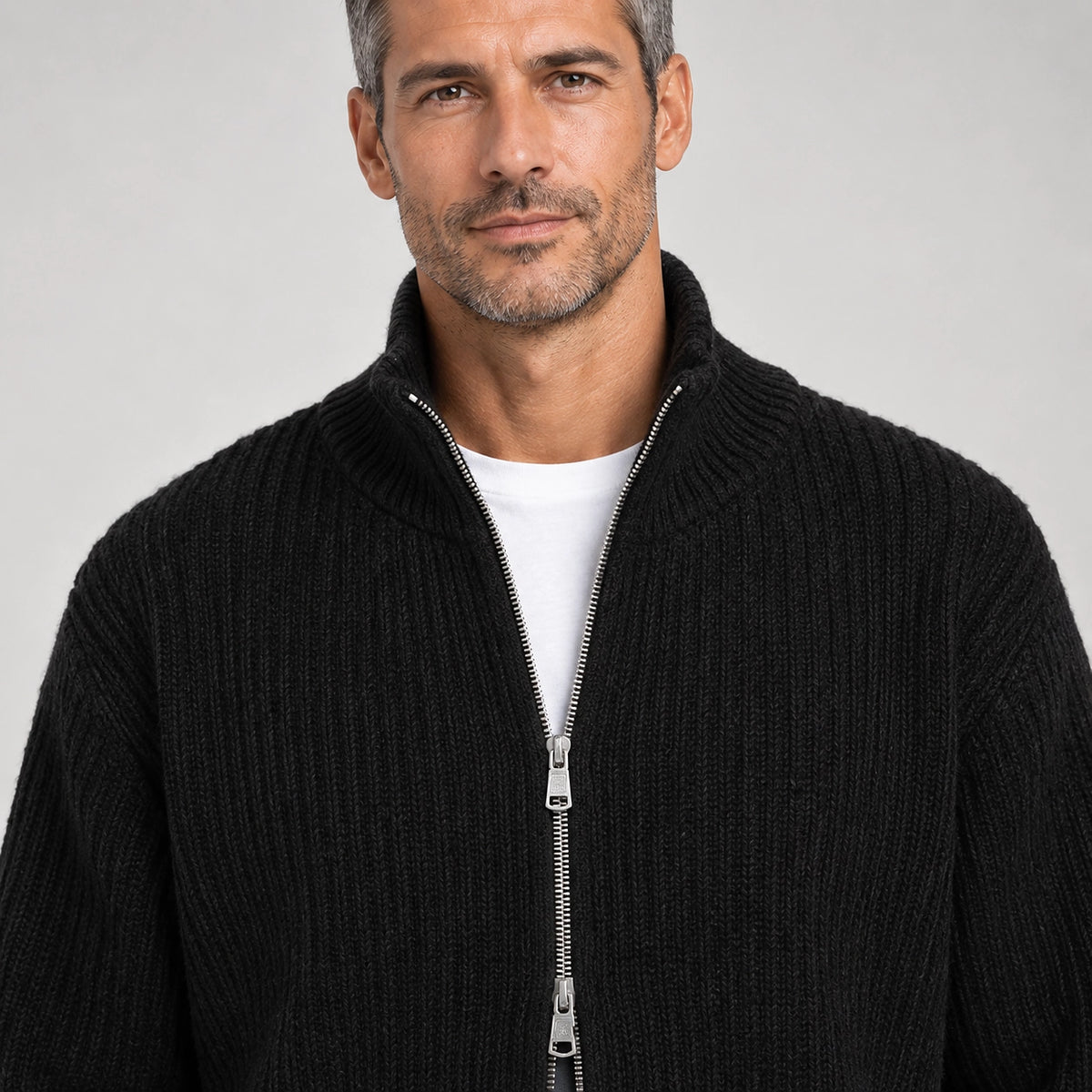 Daxton Ribbed Knit Cardigan — Black (apparel detail)