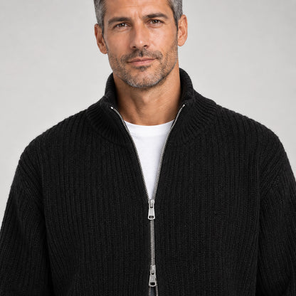 Daxton Ribbed Knit Cardigan — Black (apparel detail)