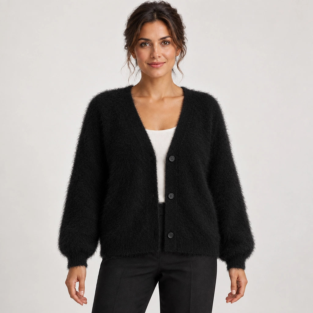 Halvern Fuzzy Knit Cardigan — Black (apparel front)
