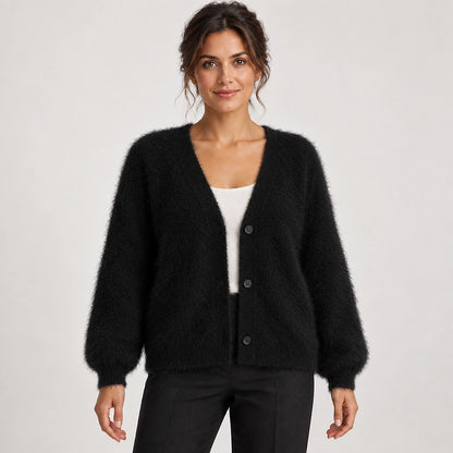 Halvern Fuzzy Knit Cardigan — Black (apparel front)