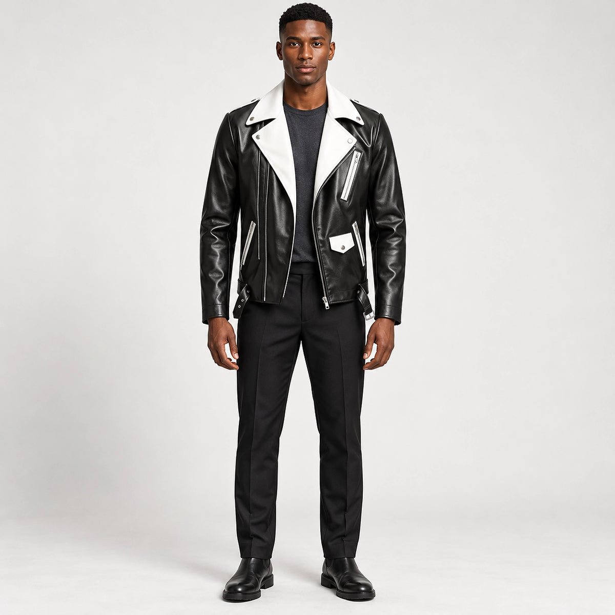 Marovienne Leather Biker Jacket — Black (apparel front)