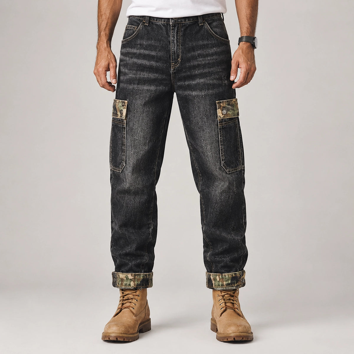 Breckon Cotton Cargo Jeans — Black (apparel front)