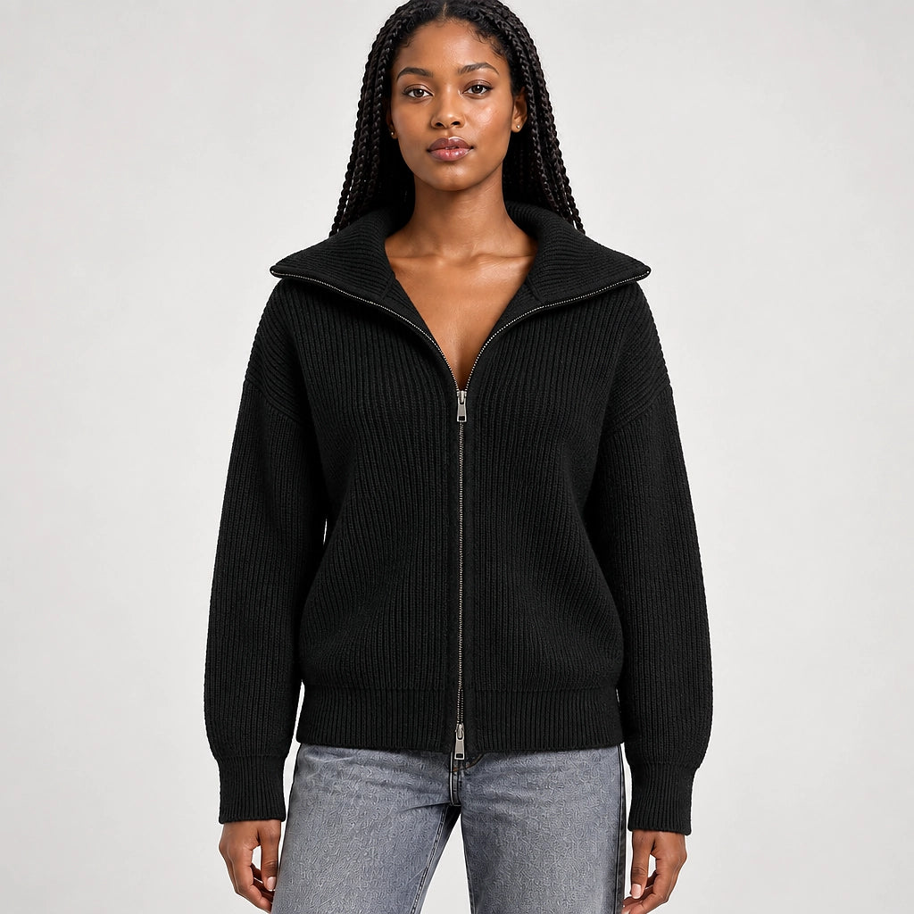 Pelara Ribbed Knit Cardigan — Black (apparel front)