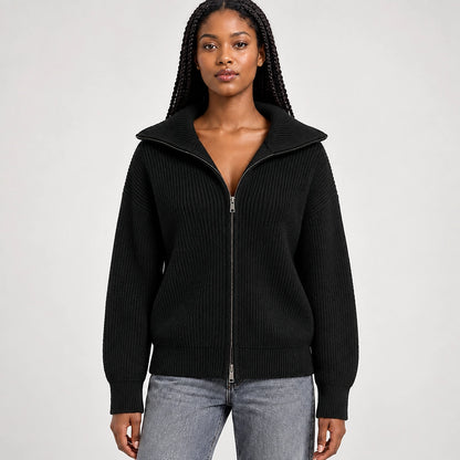 Pelara Ribbed Knit Cardigan — Black (apparel front)