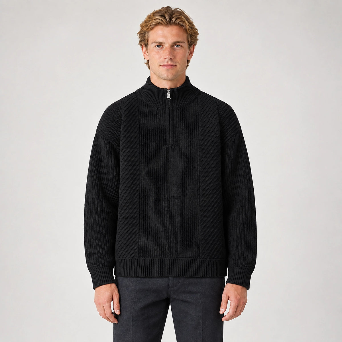 Bruthen Ribbed Half-Zip Sweater — Black (apparel front)